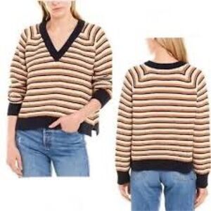 Madewell Striped V-Neck Sweater - Black and Tan